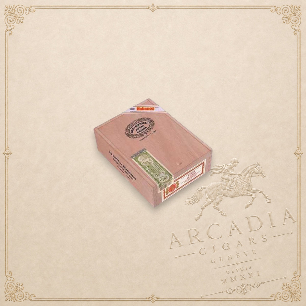 Arcadia Cigars Hoyo de Monterrey San Juan cigar box on a dark green marble background