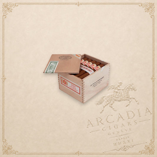 Arcadia Cigars Hoyo de Monterrey San Juan wooden box containing premium Cuban cigars on a green marble surface