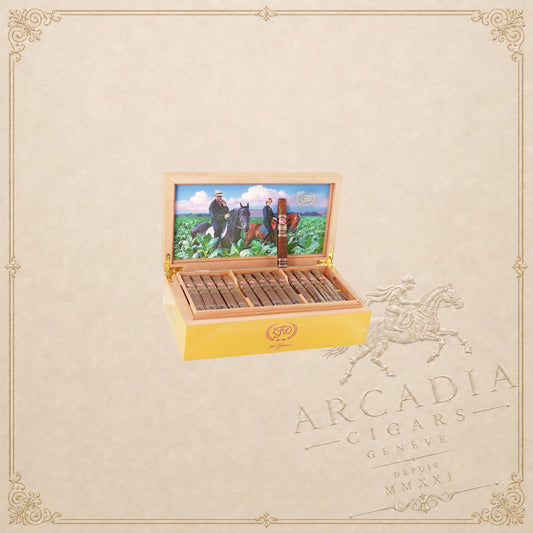 Arcadia Cigars La Flor Dominicana 30 Years limited edition humidor with cigars and tobacco field lid artwork