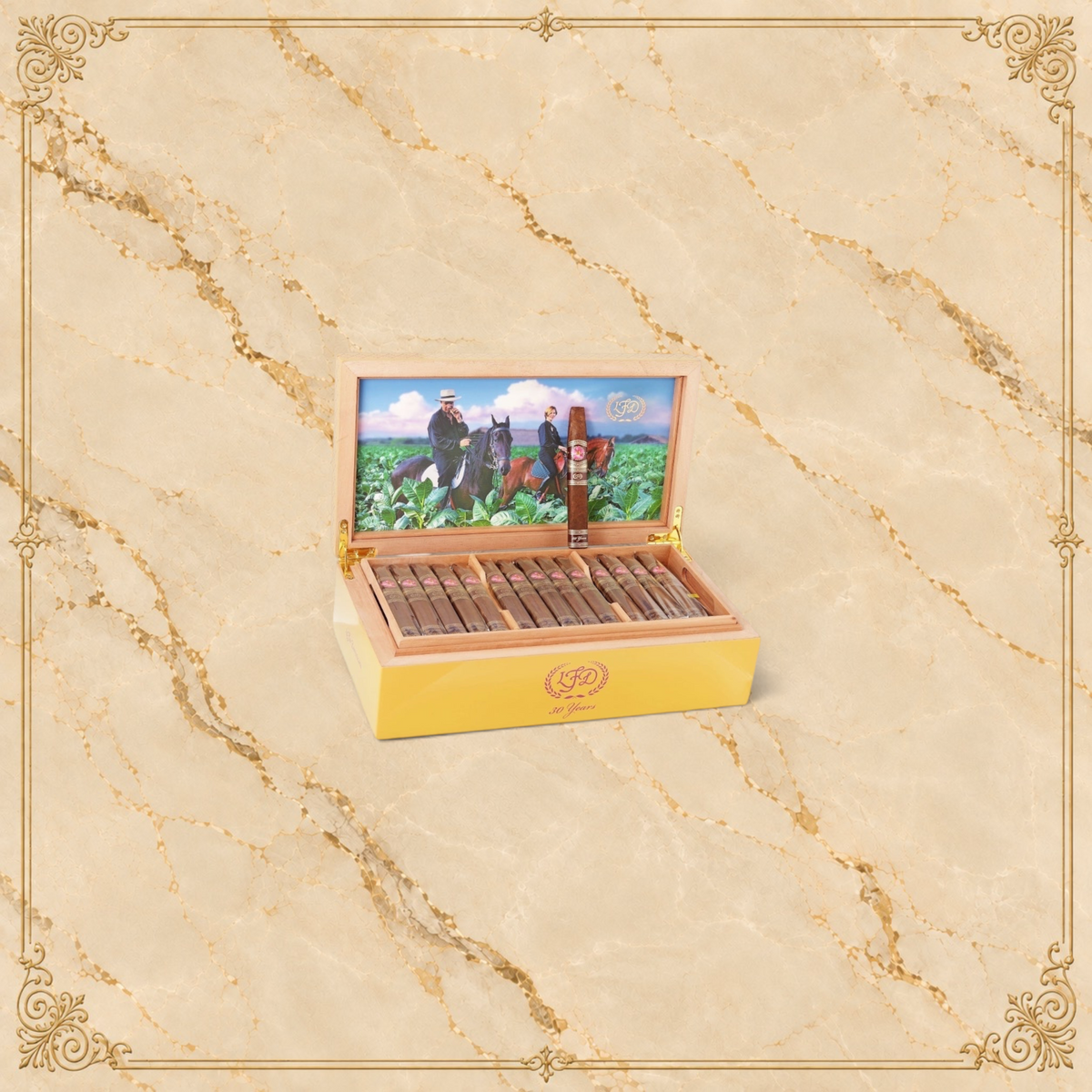 Arcadia Cigars La Flor Dominicana 30 Years limited edition humidor with cigars and tobacco field lid artwork