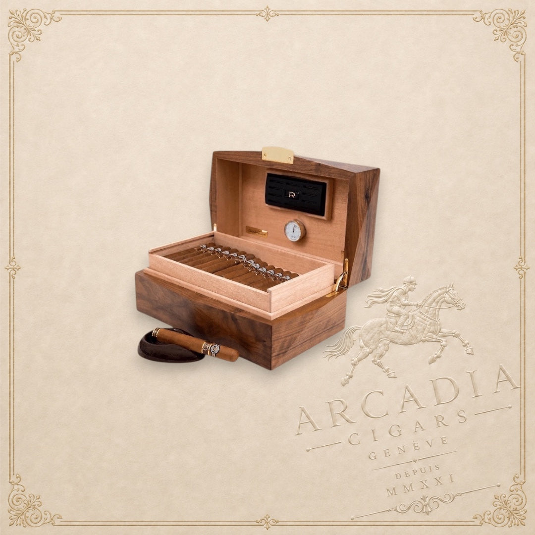 Arcadia Cigars Montecristo Linea 1935 wooden humidor with 60 cigars, hygrometer, and matching ashtray