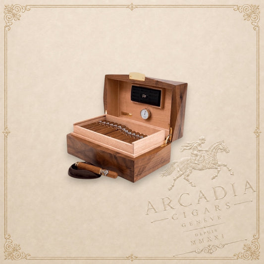 Arcadia Cigars Montecristo Linea 1935 wooden humidor with 60 cigars, hygrometer, and matching ashtray