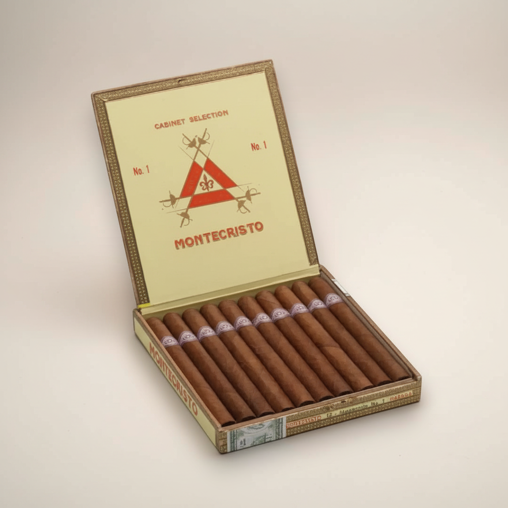 Arcadia Cigars Montecristo No. 1 Lonsdale cigars in a box. Medium-bodied Cuban cigars with cedar and coffee notes.