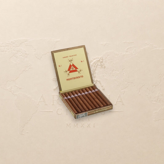 Arcadia Cigars Montecristo No. 1 Lonsdale cigars in a box. Medium-bodied Cuban cigars with cedar and coffee notes.