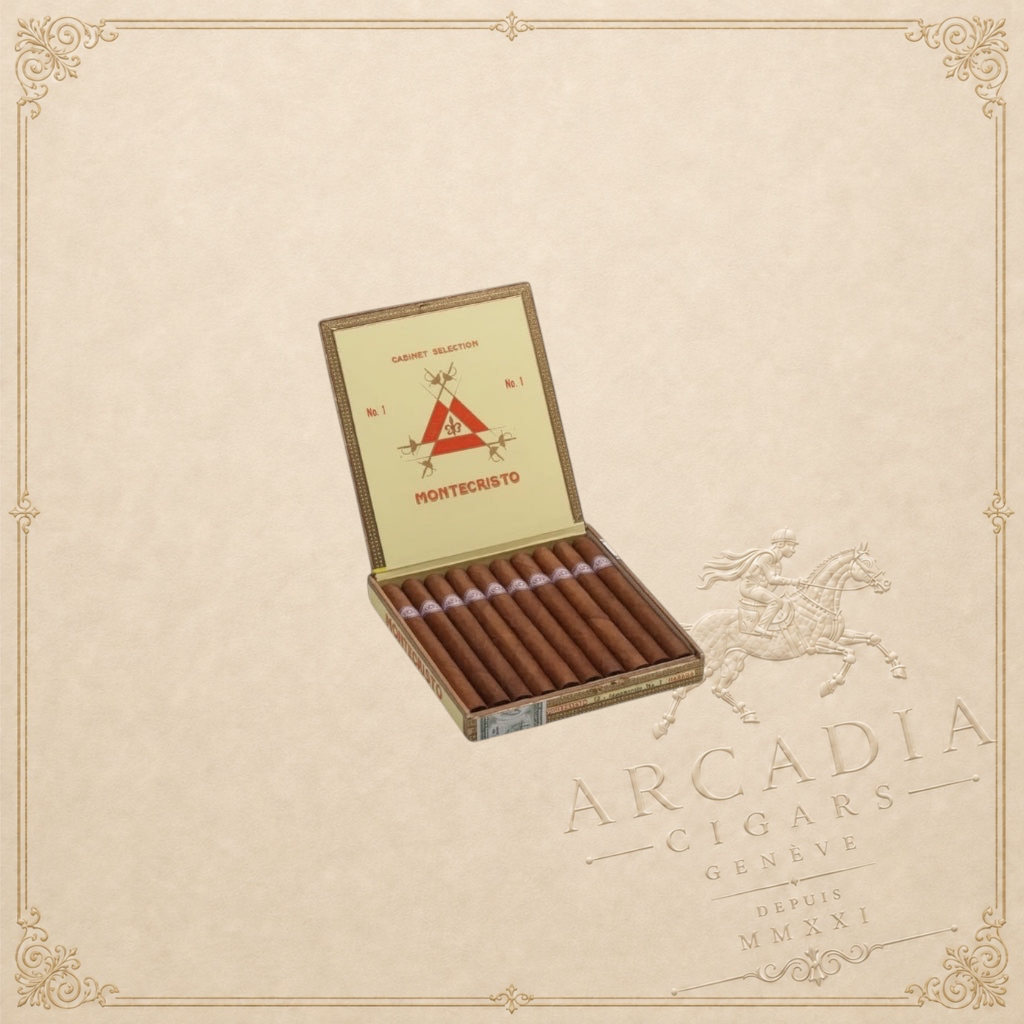 Arcadia Cigars Montecristo No. 1 Lonsdale cigars in a box. Medium-bodied Cuban cigars with cedar and coffee notes.