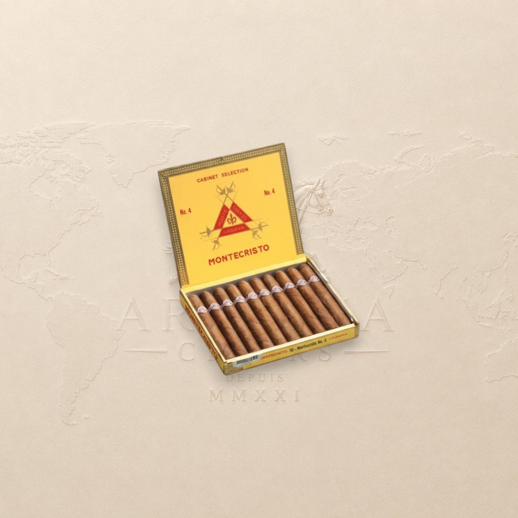 Arcadia Cigars Montecristo No. 4 petit corona Cuban cigars in yellow box. Flavors of wood, cocoa, and spice.