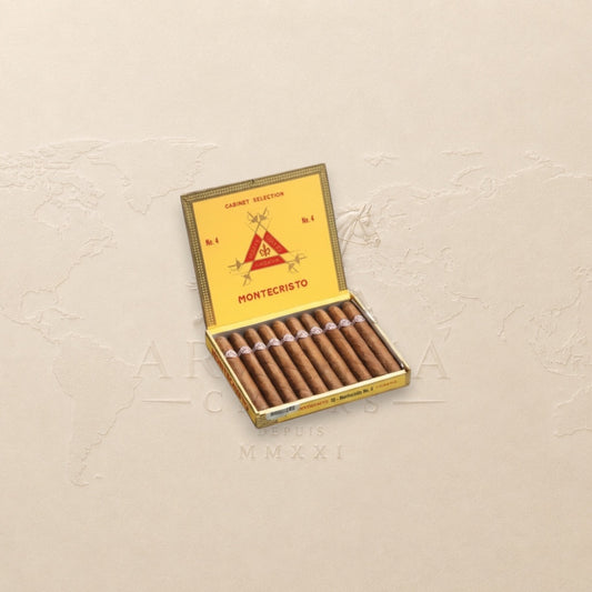 Arcadia Cigars Montecristo No. 4 petit corona Cuban cigars in yellow box. Flavors of wood, cocoa, and spice.