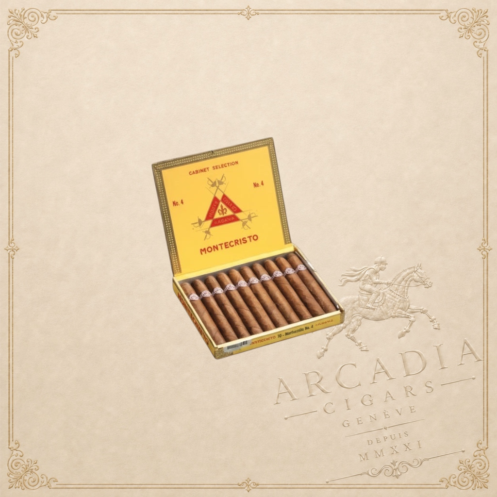 Arcadia Cigars Montecristo No. 4 petit corona Cuban cigars in yellow box. Flavors of wood, cocoa, and spice.