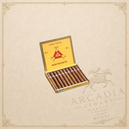 Arcadia Cigars Montecristo No. 4 petit corona Cuban cigars in yellow box. Flavors of wood, cocoa, and spice.