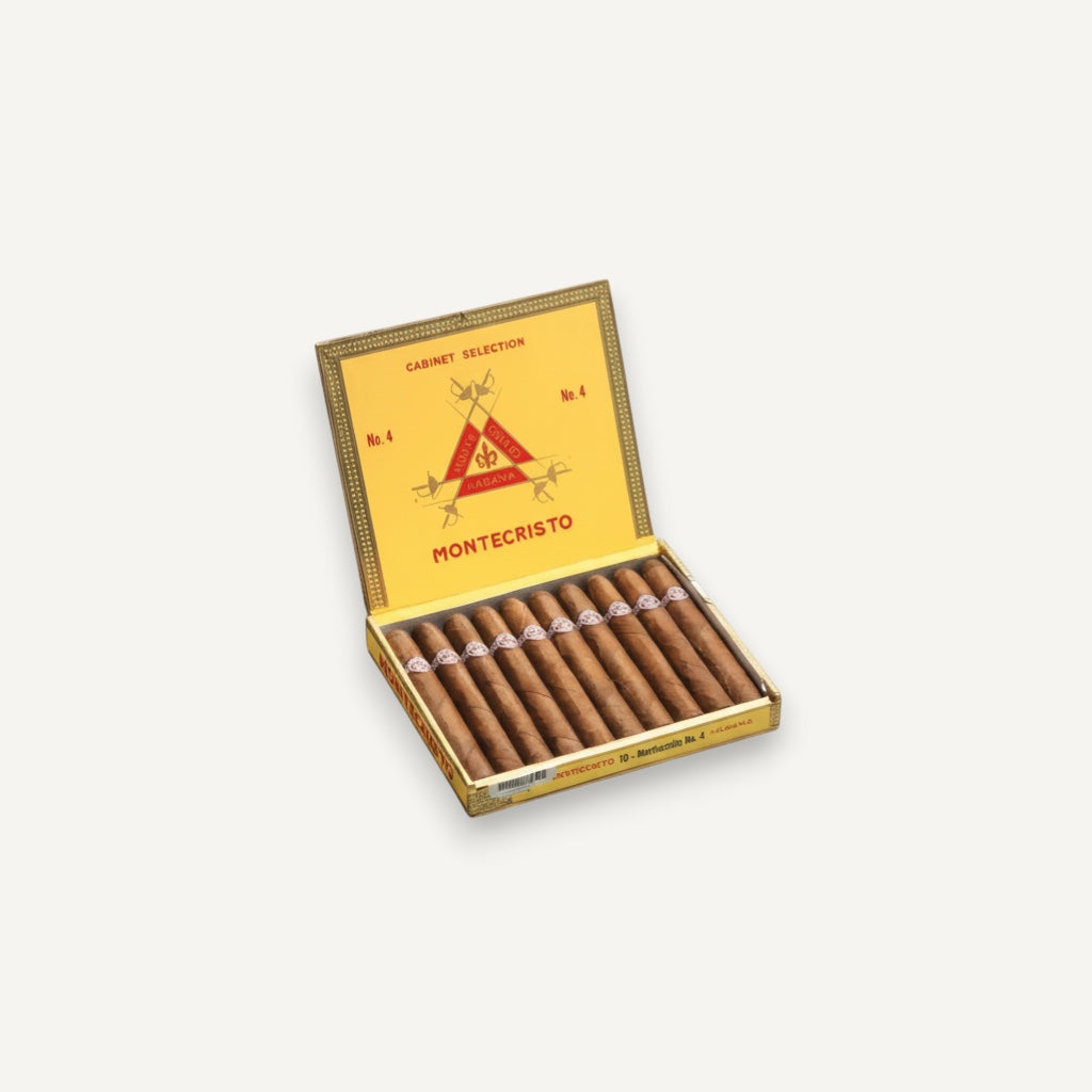 Arcadia Cigars Montecristo No. 4 petit corona Cuban cigars in yellow box. Flavors of wood, cocoa, and spice.