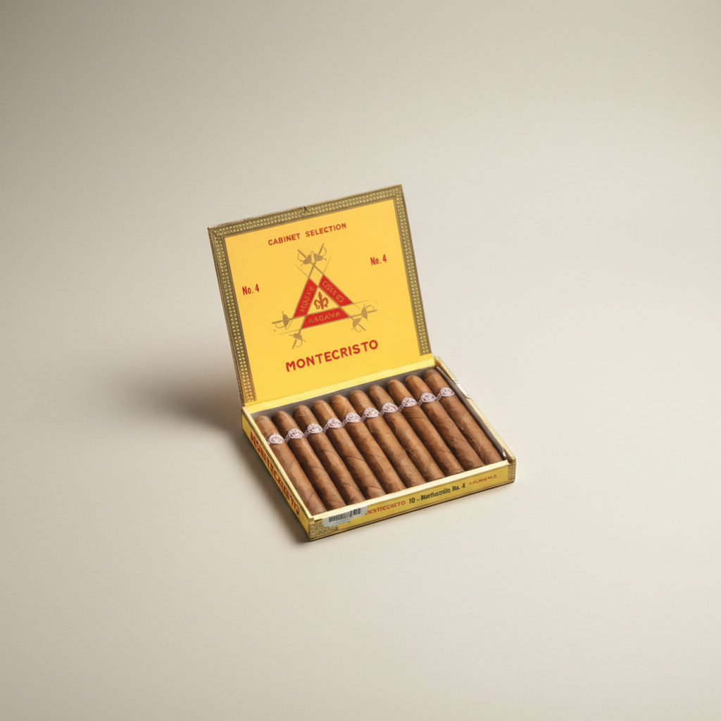 Arcadia Cigars Montecristo No. 4 petit corona Cuban cigars in yellow box. Flavors of wood, cocoa, and spice.