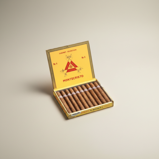 Arcadia Cigars Montecristo No. 4 petit corona Cuban cigars in yellow box. Flavors of wood, cocoa, and spice.