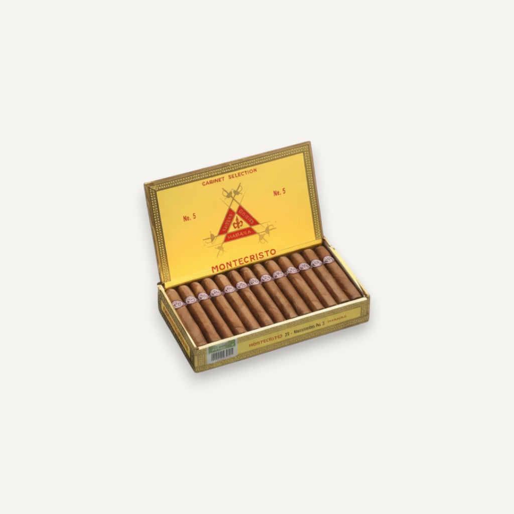 Arcadia Cigars Montecristo No. 5 box of 25 Cuban cigars, Perla format, 4" length, medium strength.