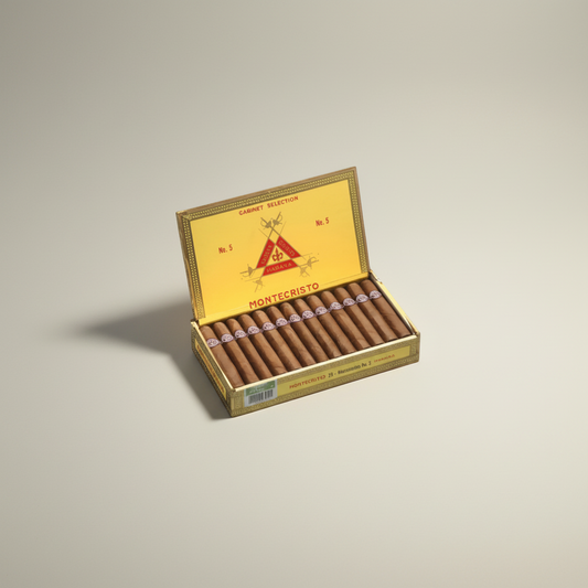 Arcadia Cigars Montecristo No. 5 box of 25 Cuban cigars, Perla format, 4" length, medium strength.
