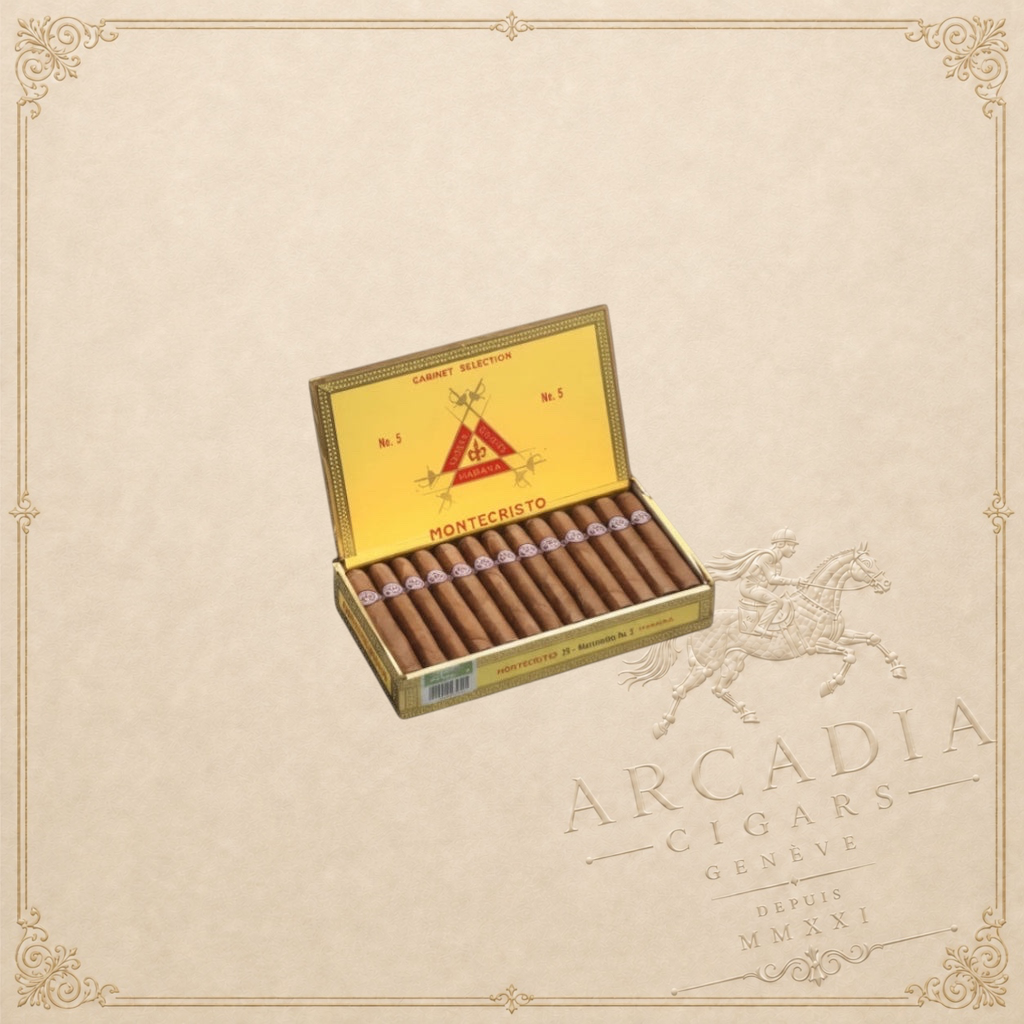 Arcadia Cigars Montecristo No. 5 box of 25 Cuban cigars, Perla format, 4" length, medium strength.