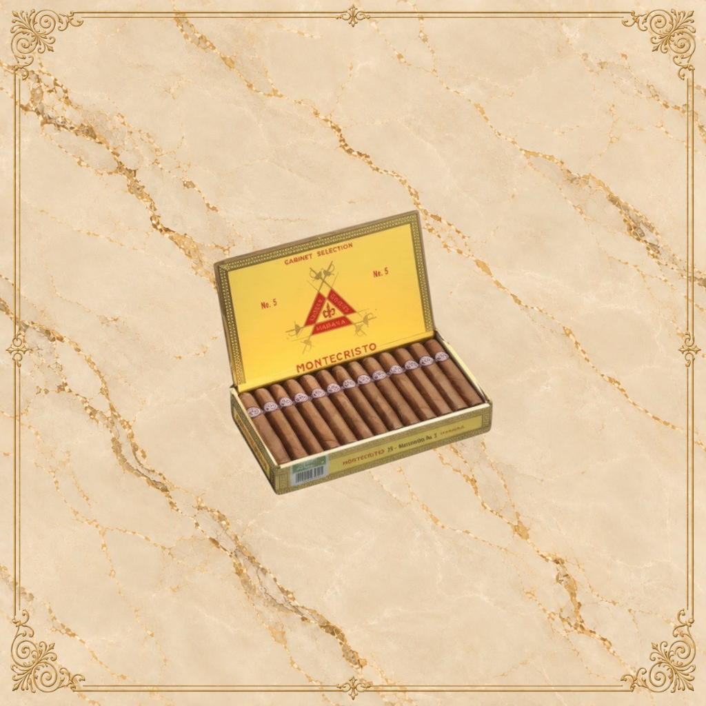 Arcadia Cigars Montecristo No. 5 box of 25 Cuban cigars, Perla format, 4" length, medium strength.