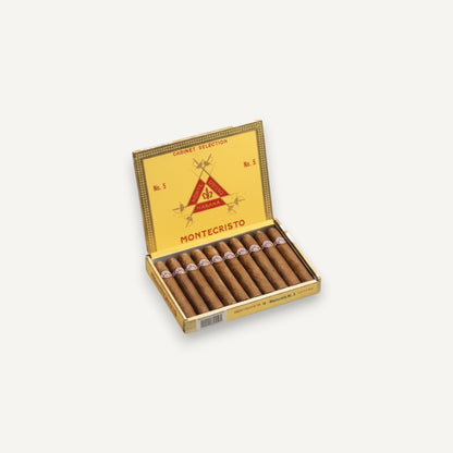 Arcadia Cigars Montecristo No. 5 box of 10 Cuban cigars, Perla format, 4" length, medium strength.