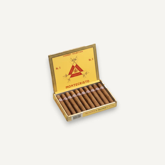 Arcadia Cigars Montecristo No. 5 box of 10 Cuban cigars, Perla format, 4" length, medium strength.