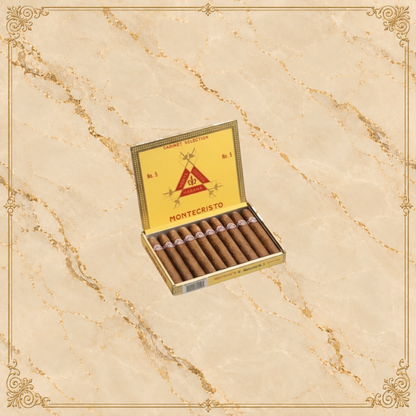 Arcadia Cigars Montecristo No. 5 box of 10 Cuban cigars, Perla format, 4" length, medium strength.