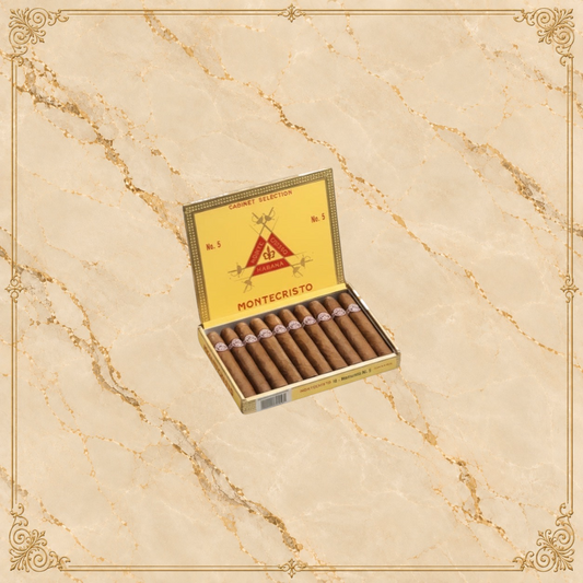 Arcadia Cigars Montecristo No. 5 box of 10 Cuban cigars, Perla format, 4" length, medium strength.