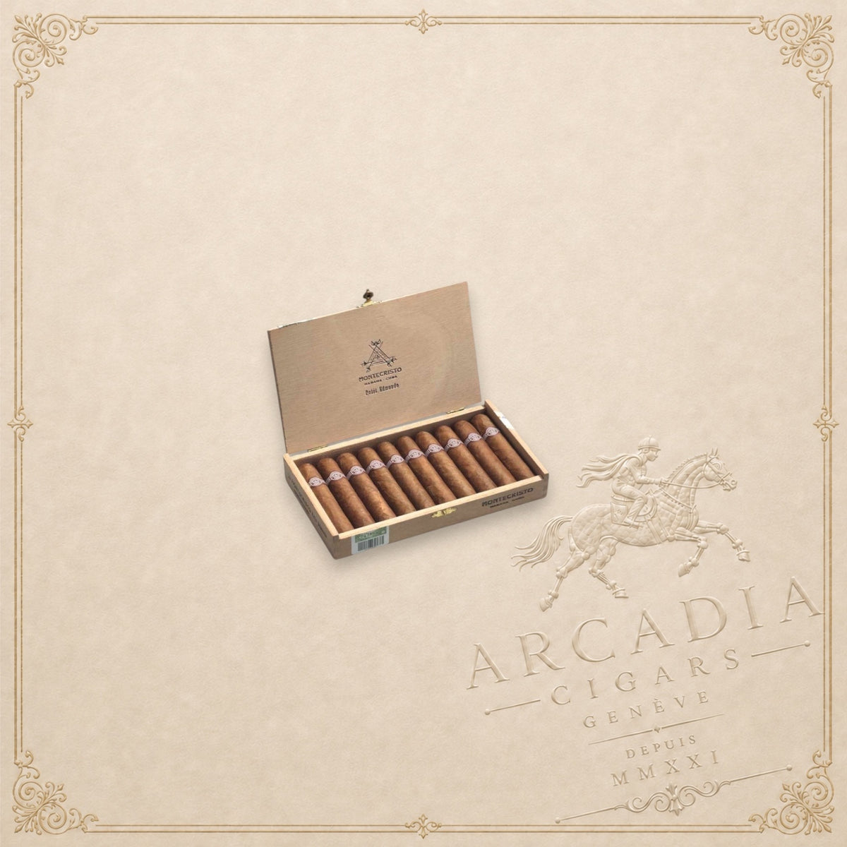 Arcadia Cigars open wooden box of Montecristo Petit Edmundo Cuban cigars featuring signature bands on a beige background