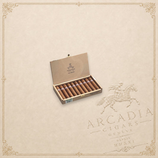Arcadia Cigars open wooden box of Montecristo Petit Edmundo Cuban cigars featuring signature bands on a beige background