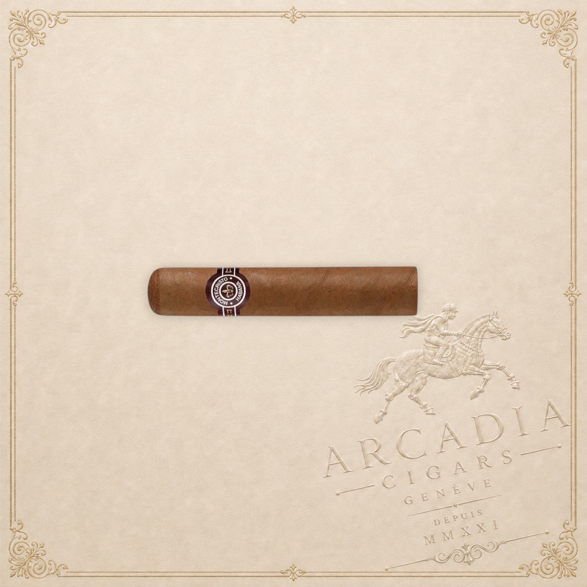 Arcadia Cigars Montecristo Petit Edmundo Cuban cigar with a brown wrapper and branded band on a textured background.