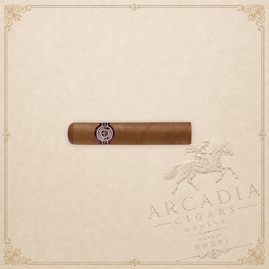 Arcadia Cigars Montecristo Petit Edmundo Cuban cigar with a brown wrapper and branded band on a textured background.