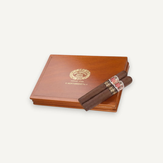 Arcadia Cigars Hoyo De Monterrey Monterreyes No. 4 Limited Edition 2021 cigar box with two cigars. Dark brown Cuban tobacco.