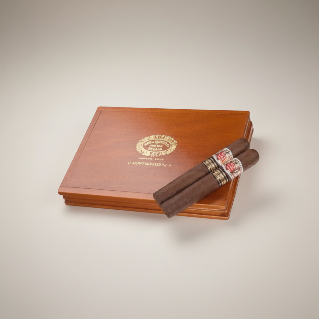 Arcadia Cigars Hoyo De Monterrey Monterreyes No. 4 Limited Edition 2021 cigar box with two cigars. Dark brown Cuban tobacco.