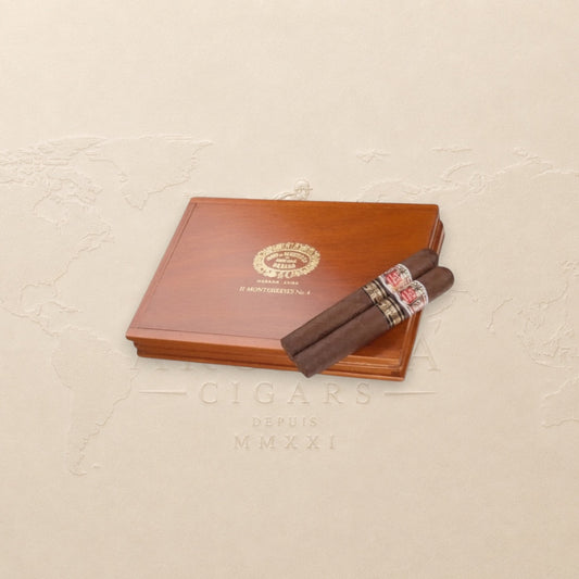 Arcadia Cigars Hoyo De Monterrey Monterreyes No. 4 Limited Edition 2021 cigar box with two cigars. Dark brown Cuban tobacco.