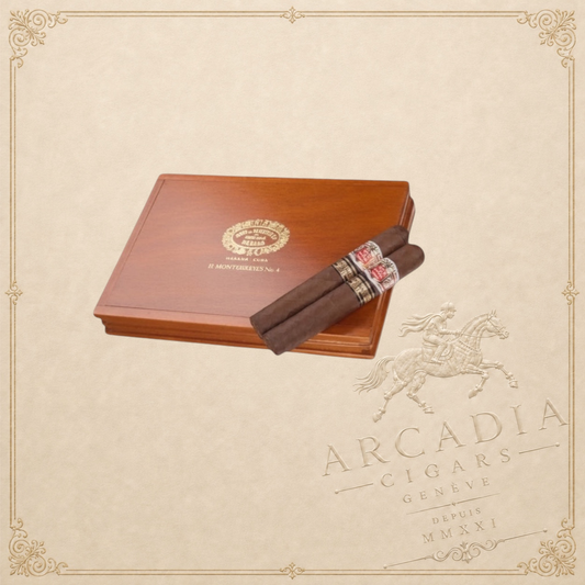 Arcadia Cigars Hoyo De Monterrey Monterreyes No. 4 Limited Edition 2021 cigar box with two cigars. Dark brown Cuban tobacco.
