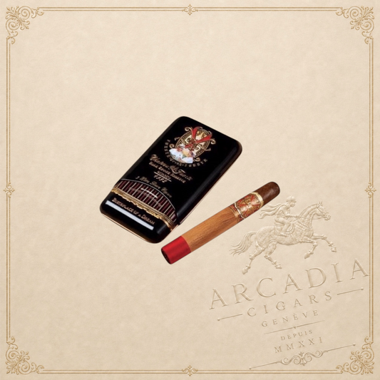 Arcadia Cigars Arturo Fuente Opus X Perfecxion X cigar with red band and gold accents, next to its black tin.