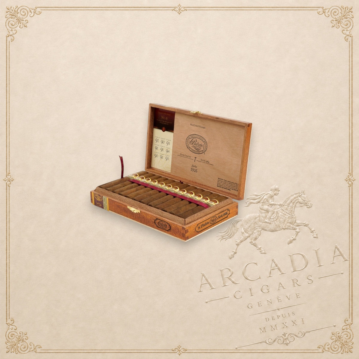 Arcadia Cigars Padron 1926 No.6 premium hand-rolled Nicaraguan cigars in an open wooden box with gold ribbon