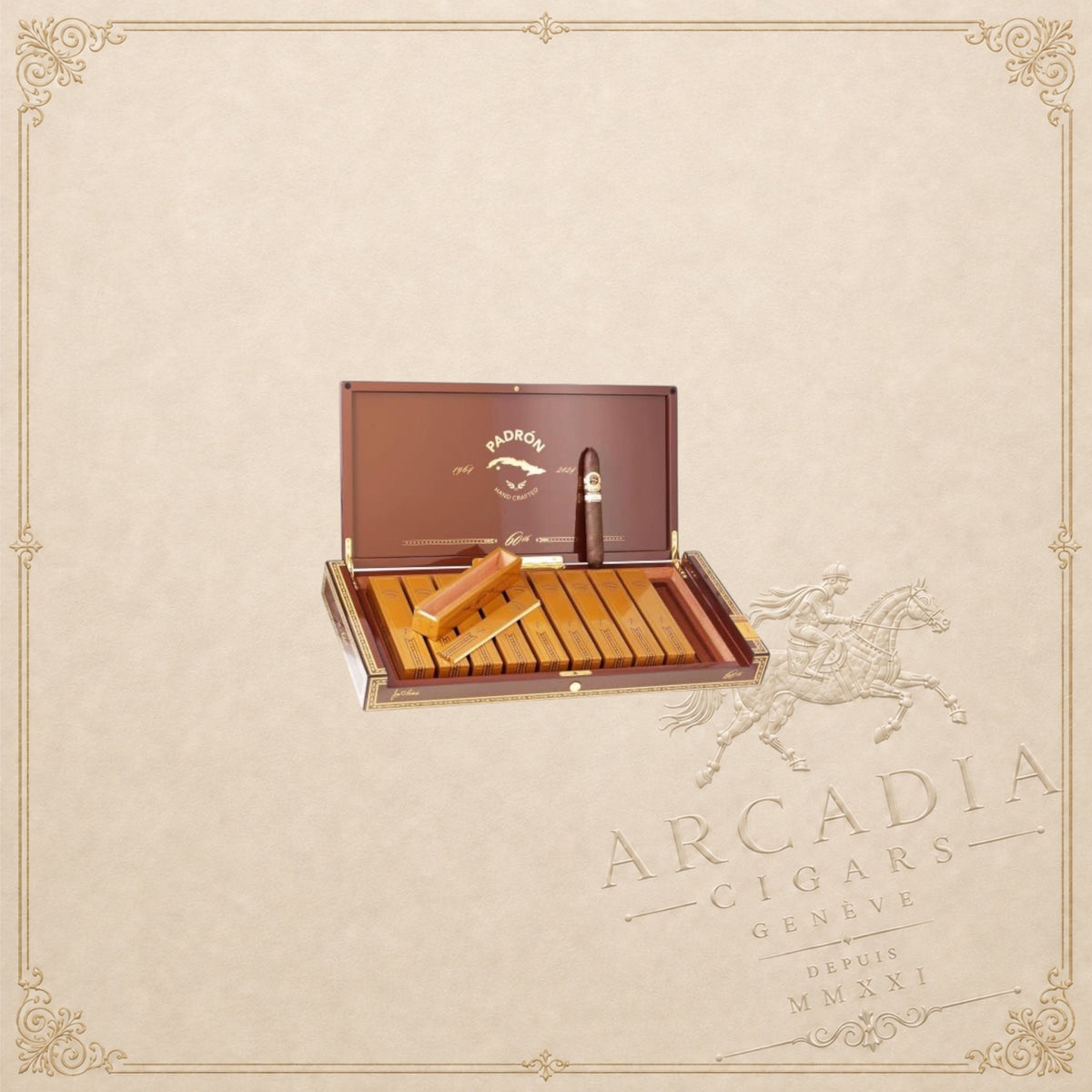 Arcadia Cigars Padrón 60th Anniversary Limited Edition cigar box with gold-wrapped cigars and a single cigar on lid.