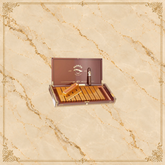 Arcadia Cigars Padrón 60th Anniversary Limited Edition cigar box with gold-wrapped cigars and a single cigar on lid.