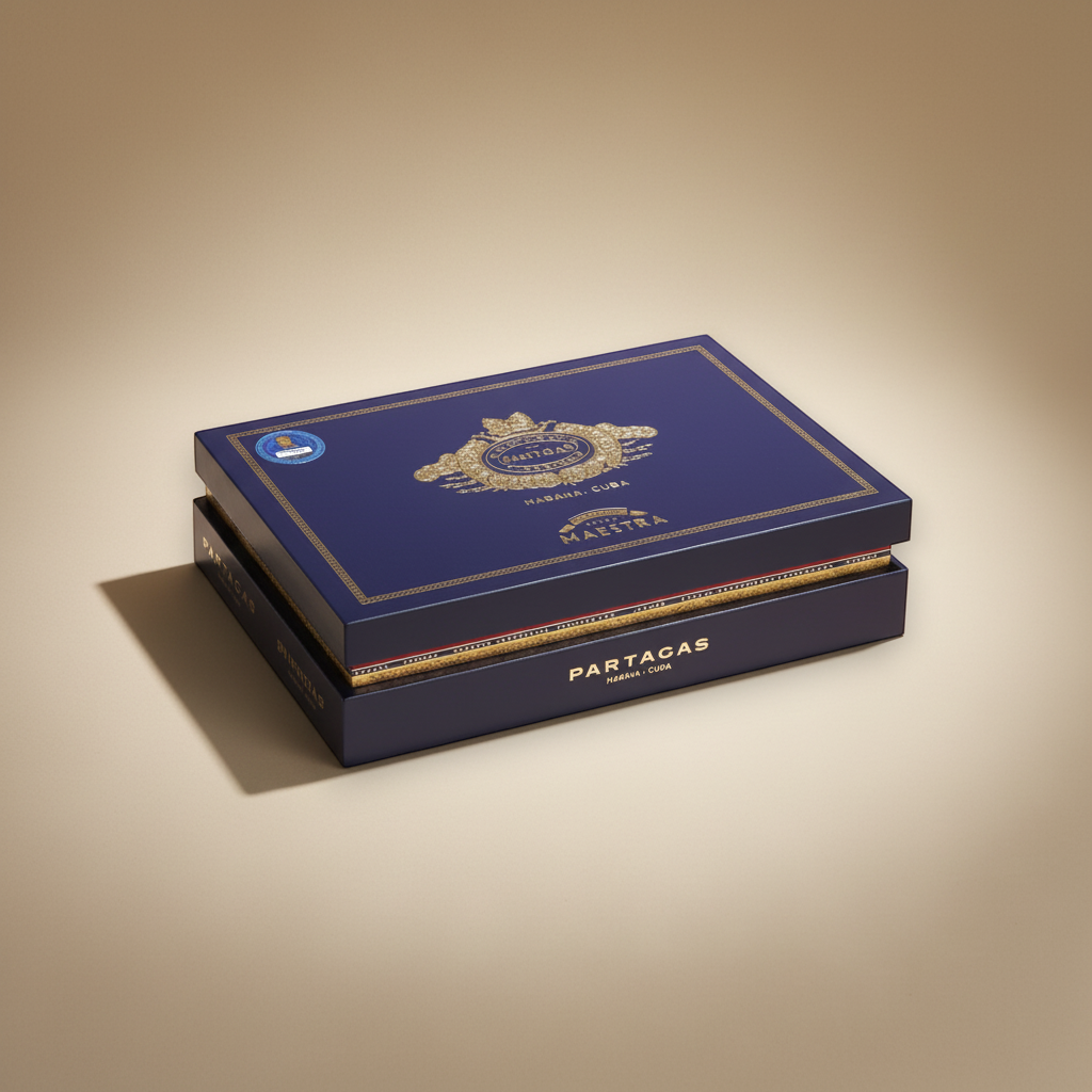 Arcadia Cigars Partagas Línea Maestra Maestro cigar box, navy blue with gold embossed detailing.