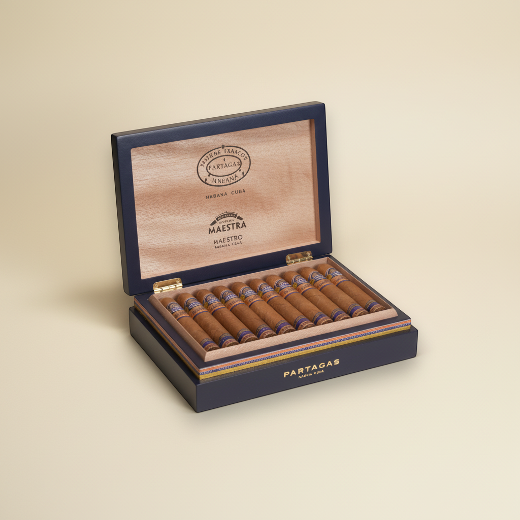 Arcadia Cigars Partagas Línea Maestra Maestro cigars in a navy blue box. Robusto Extra format, 5 1/4" length, 52 ring gauge.