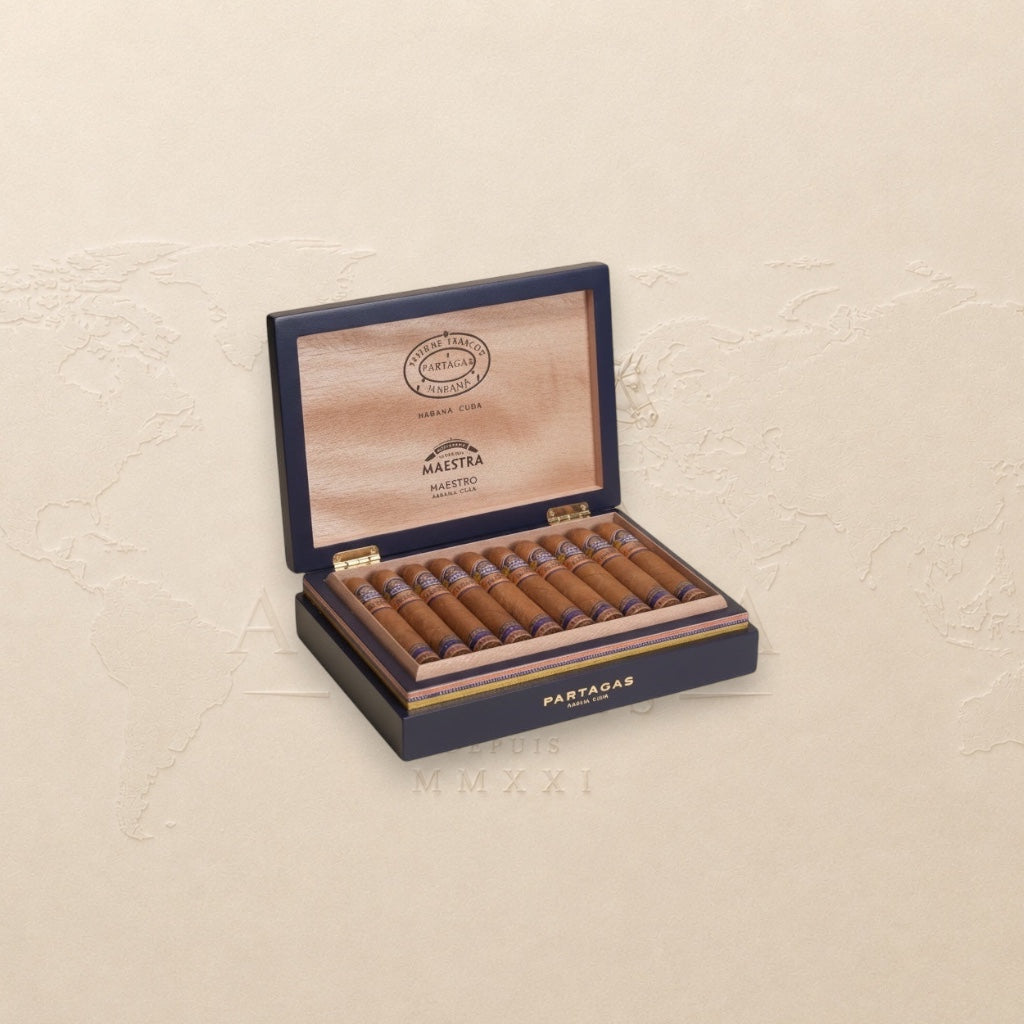 Arcadia Cigars Partagas Línea Maestra Maestro cigars in a navy blue box. Robusto Extra format, 5 1/4" length, 52 ring gauge.