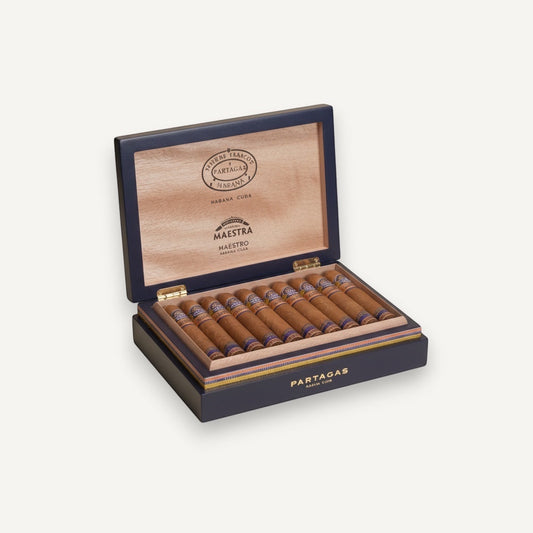 Arcadia Cigars Partagas Línea Maestra Maestro cigars in a navy blue box. Robusto Extra format, 5 1/4" length, 52 ring gauge.