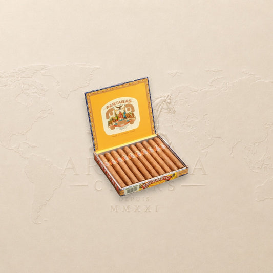 Arcadia Cigars Partagás Mille Fleurs Cuban Petit Corona cigars in yellow box. Medium-bodied smoke.