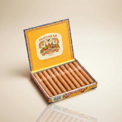 Arcadia Cigars Partagás Mille Fleurs Cuban Petit Corona cigars in yellow box. Medium-bodied smoke.