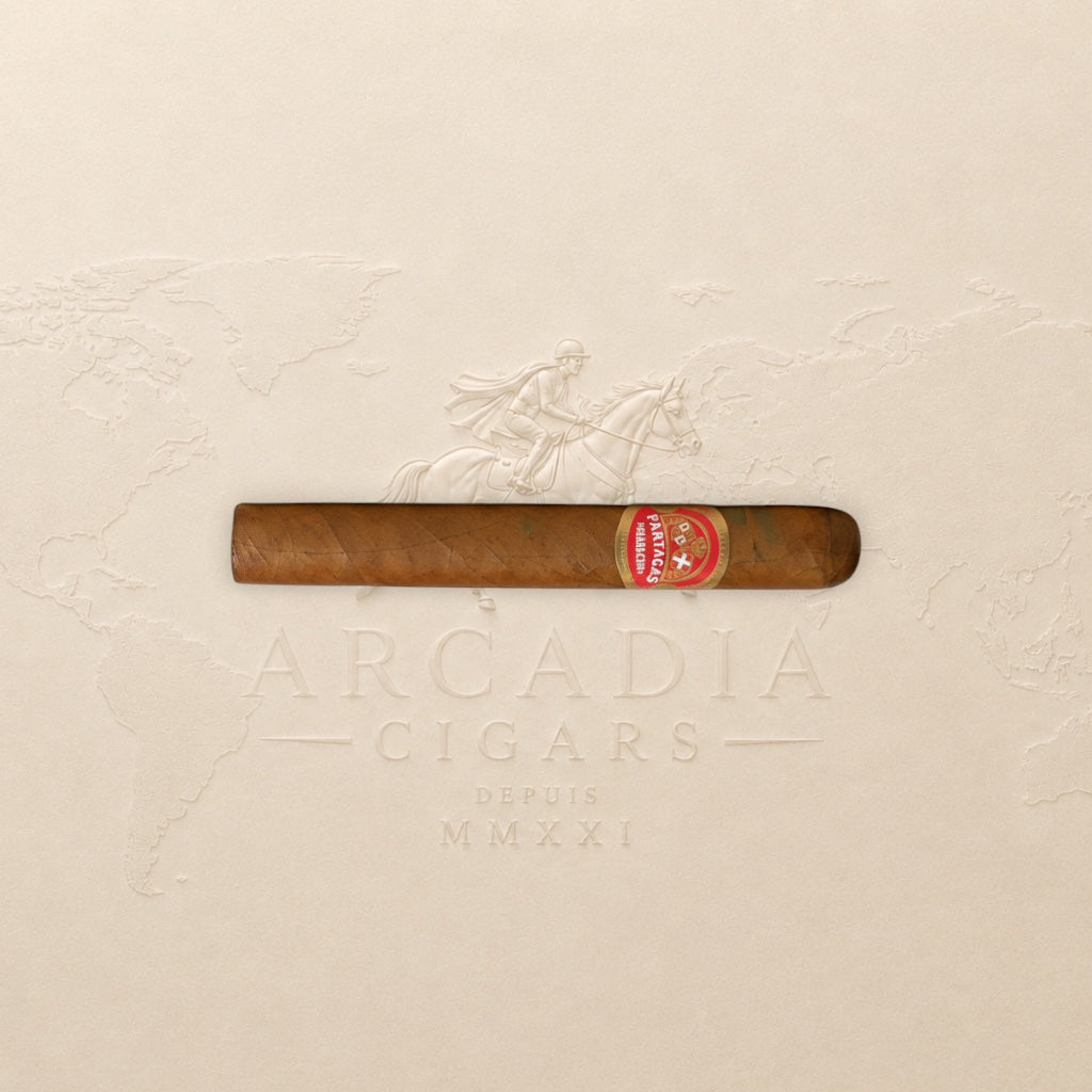 Arcadia Cigars Partagás Mille Fleurs Cuban Petit Corona cigar with red and gold band. Medium-bodied smoke.