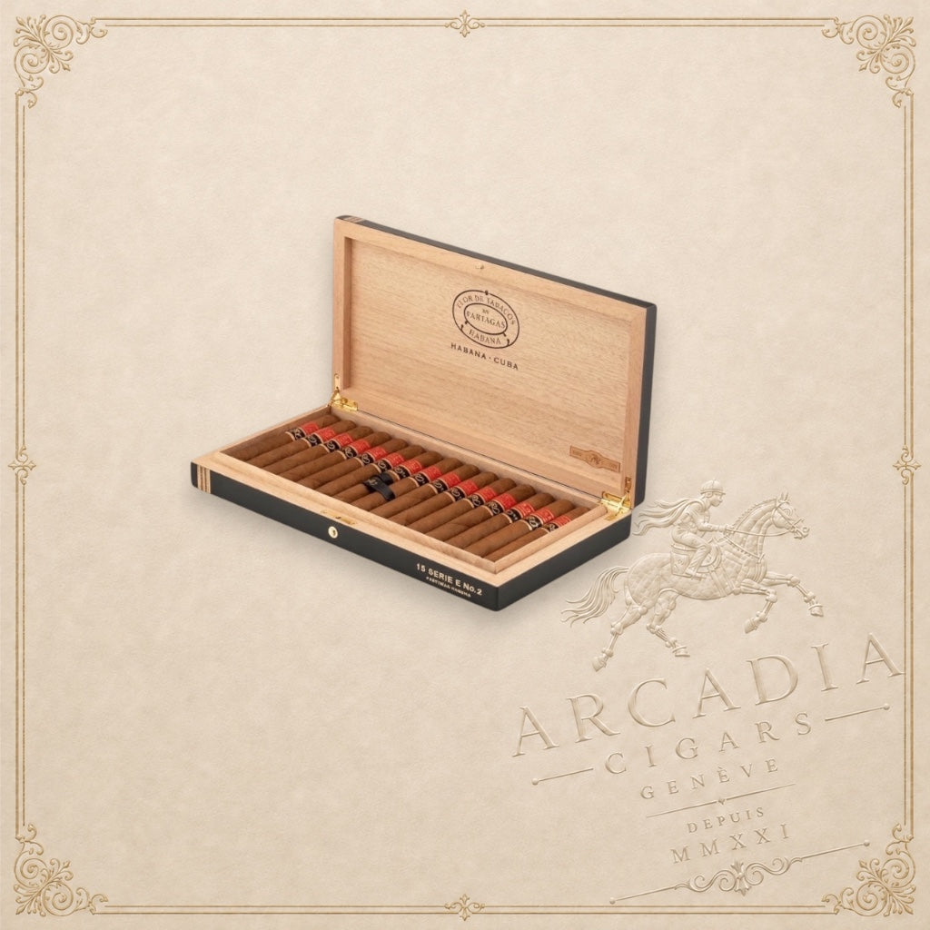 Arcadia Cigars Partagás Serie E No.2 Gran Reserva 2021 box of 15 premium Cuban cigars with ornate red and gold bands
