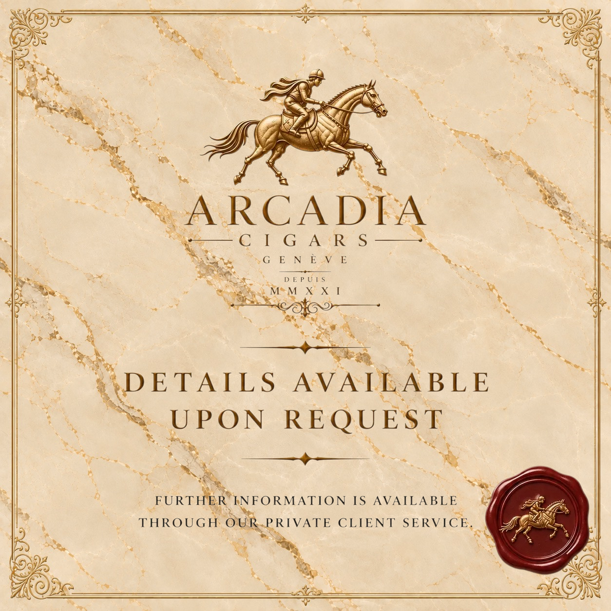 Arcadia Cigars branding featuring a gold horseman logo and wax seal on a cream background for premium cigar services.