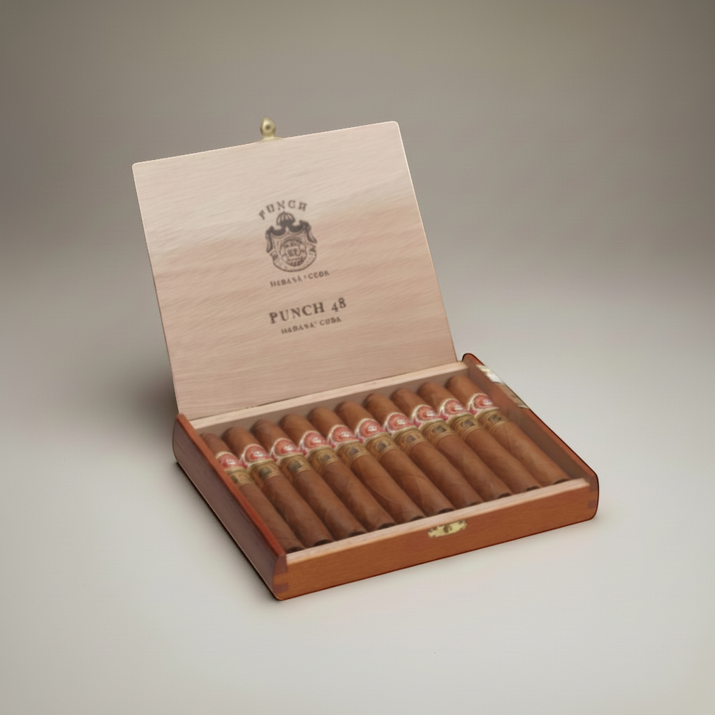 Arcadia Cigars Punch 48 LCDH Exclusive cigars in a wooden box. Medium-bodied with cedar, nut, and spice notes.