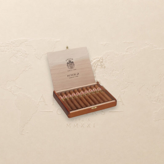 Arcadia Cigars Punch 48 LCDH Exclusive cigars in a wooden box. Medium-bodied with cedar, nut, and spice notes.