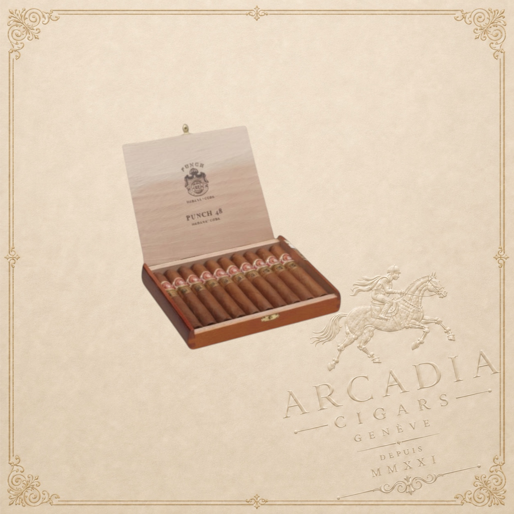 Arcadia Cigars Punch 48 LCDH Exclusive cigars in a wooden box. Medium-bodied with cedar, nut, and spice notes.