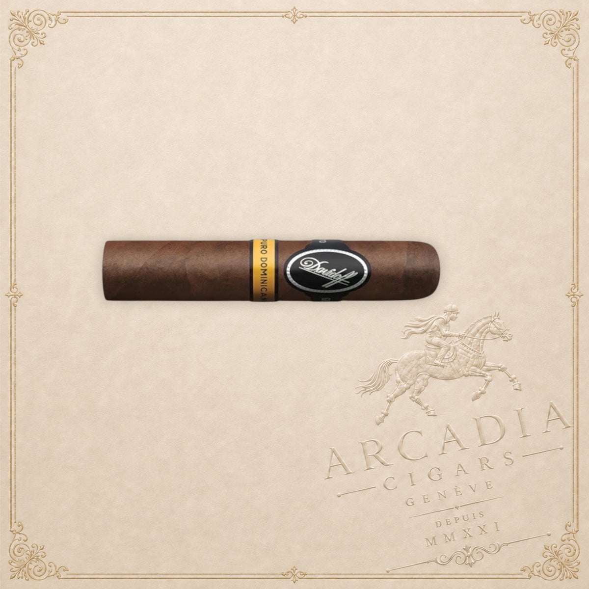 Arcadia Cigars Davidoff Puro Dominicano Short Robusto cigar with a dark wrapper on a textured cream background