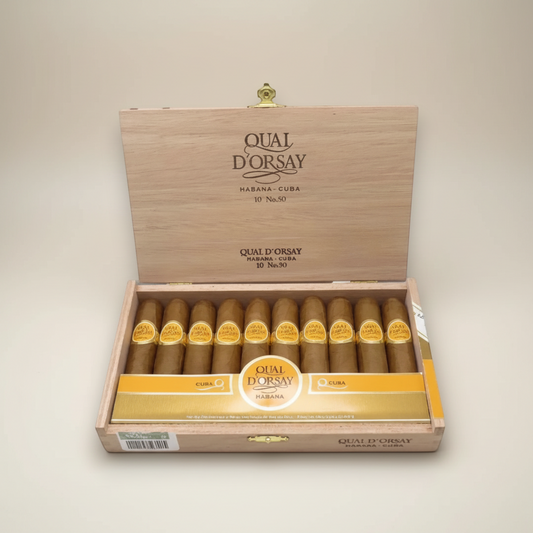 Arcadia Cigars Quai D'Orsay No. 50 Petit Robusto Cuban cigars in wooden box. Medium strength.